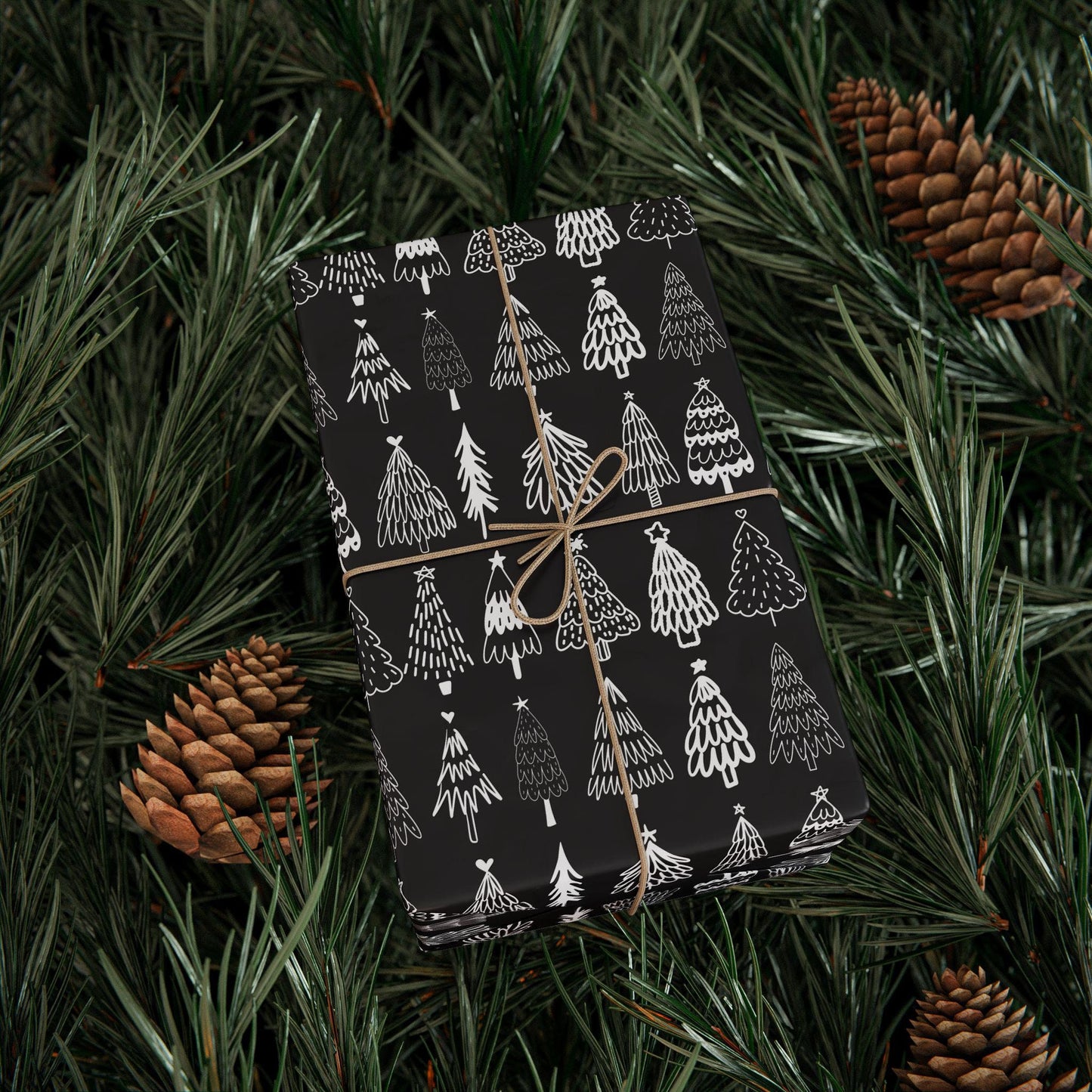 Black Tree Christmas Gift Wrapping Papers - Retro Christmas Gift wrap - Hand Drawn Classic Gift Wrap