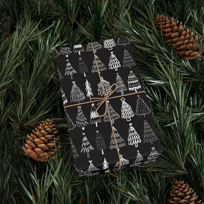Black Tree Christmas Gift Wrapping Papers - Retro Christmas Gift wrap - Hand Drawn Classic Gift Wrap