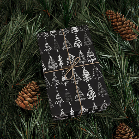 Black Tree Christmas Gift Wrapping Papers - Retro Christmas Gift wrap - Hand Drawn Classic Gift Wrap