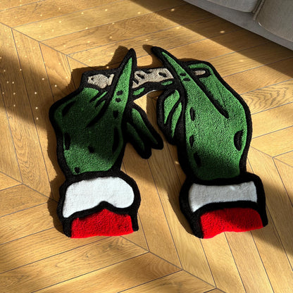 Grinch Christmas Themed Handmade Tufted Rug, Grinch Hands Rolling a Joint Carpet - Unique & Funny Christmas Gift for Friends