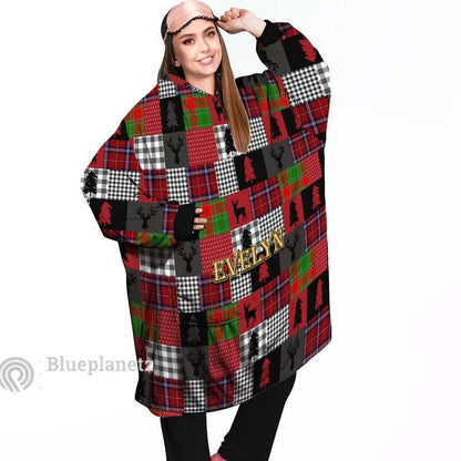 Custom Name Christmas Hoodies Blanket, Personalized Plaid Christmas Deer Wearable Hoodie Blanket, Custom Pattern Oversized Blanket