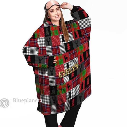 Custom Name Christmas Hoodies Blanket, Personalized Plaid Christmas Deer Wearable Hoodie Blanket, Custom Pattern Oversized Blanket