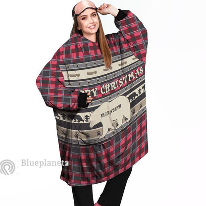 Custom Name Christmas Hoodies Blanket, Personalized Plaid Christmas Bear Wearable Hoodie Blanket, Custom Pattern Oversized Blanket