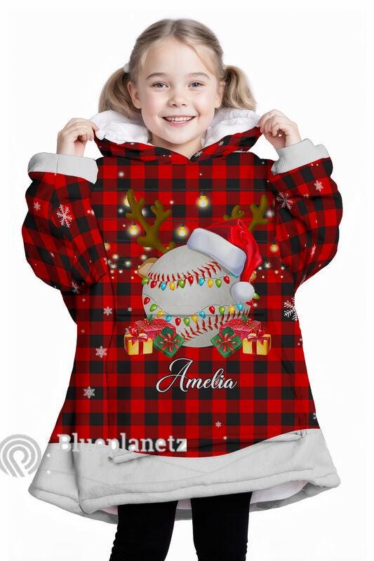 Custom Name Christmas Hoodies Blanket, Personalized Plaid Christmas Baseball Wearable Hoodie Blanket, Custom Christmas Oversized Blanket