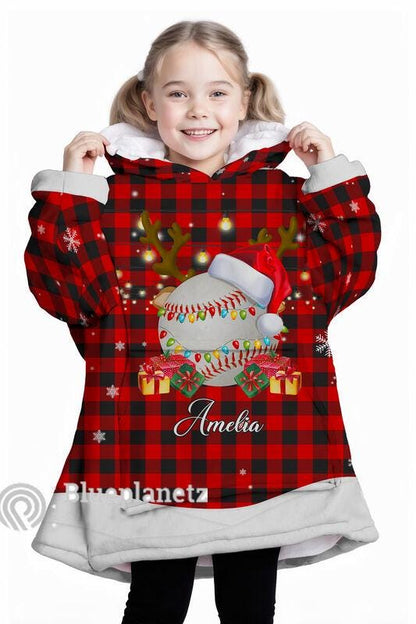 Custom Name Christmas Hoodies Blanket, Personalized Plaid Christmas Baseball Wearable Hoodie Blanket, Custom Christmas Oversized Blanket