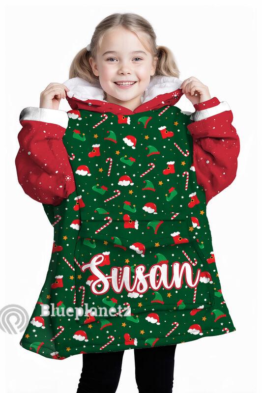 Custom Name Christmas Hoodies Blanket, Personalized Candy Cane Santa Hat Stocking Icons Wearable Hoodie Blanket, Christmas Oversized Blanket