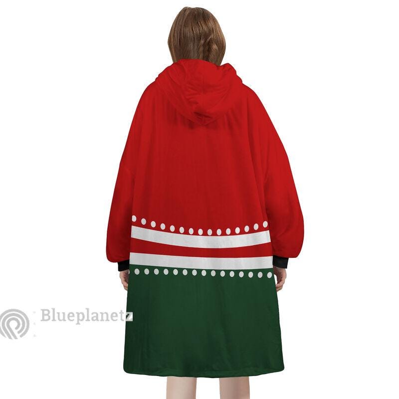 Custom Name Christmas Hoodies Blanket, Personalized Color Block Red Green Christmas Wearable Hoodie Blanket, Christmas Oversized Blanket