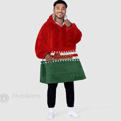 Custom Name Christmas Hoodies Blanket, Personalized Color Block Red Green Christmas Wearable Hoodie Blanket, Christmas Oversized Blanket