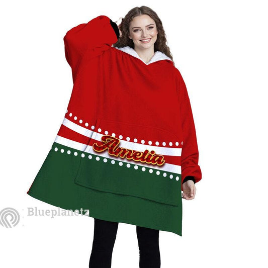 Custom Name Christmas Hoodies Blanket, Personalized Color Block Red Green Christmas Wearable Hoodie Blanket, Christmas Oversized Blanket