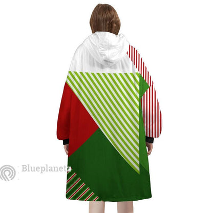 Custom Name Christmas Hoodies Blanket, Personalized Color Block Red Green Christmas Wearable Hoodie Blanket, Christmas Oversized Blanket