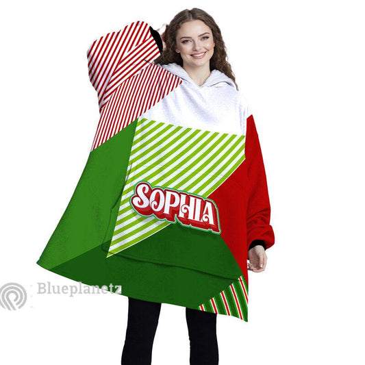 Custom Name Christmas Hoodies Blanket, Personalized Color Block Red Green Christmas Wearable Hoodie Blanket, Christmas Oversized Blanket