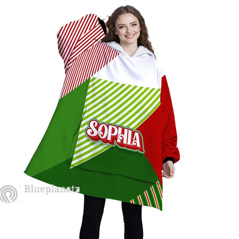 Custom Name Christmas Hoodies Blanket, Personalized Color Block Red Green Christmas Wearable Hoodie Blanket, Christmas Oversized Blanket
