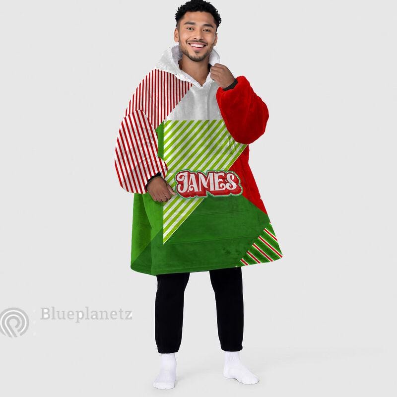 Custom Name Christmas Hoodies Blanket, Personalized Color Block Red Green Christmas Wearable Hoodie Blanket, Christmas Oversized Blanket