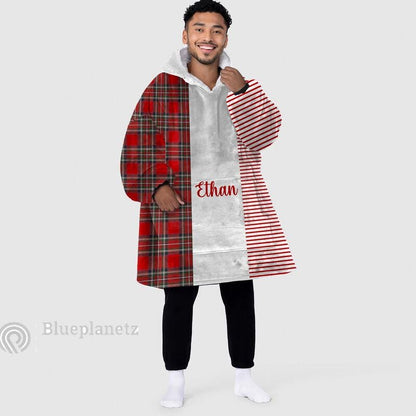 Custom Name Christmas Hoodies Blanket, Personalized Color Block Plaid Green Christmas Wearable Hoodie Blanket, Christmas Oversized Blanket