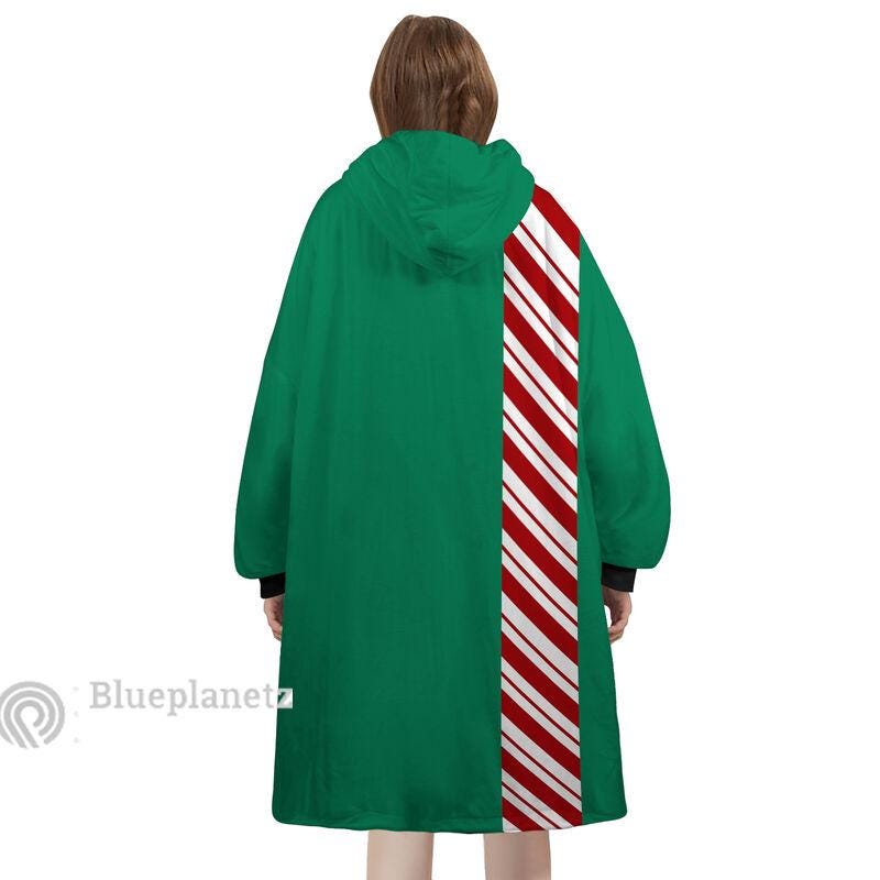 Custom Name Christmas Hoodies Blanket, Personalized Color Block Candy Cane Green Christmas Wearable Hoodie Blanket, Oversized Blanket