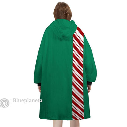 Custom Name Christmas Hoodies Blanket, Personalized Color Block Candy Cane Green Christmas Wearable Hoodie Blanket, Oversized Blanket