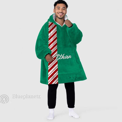 Custom Name Christmas Hoodies Blanket, Personalized Color Block Candy Cane Green Christmas Wearable Hoodie Blanket, Oversized Blanket
