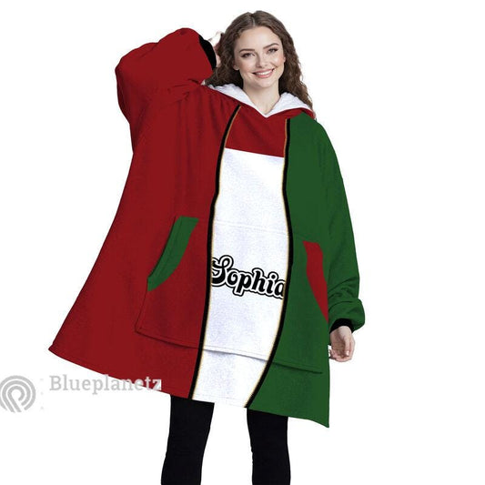 Custom Name Christmas Hoodies Blanket, Personalized Color Block Green Red White Christmas Wearable Hoodie Blanket, Oversized Blanket, Gift