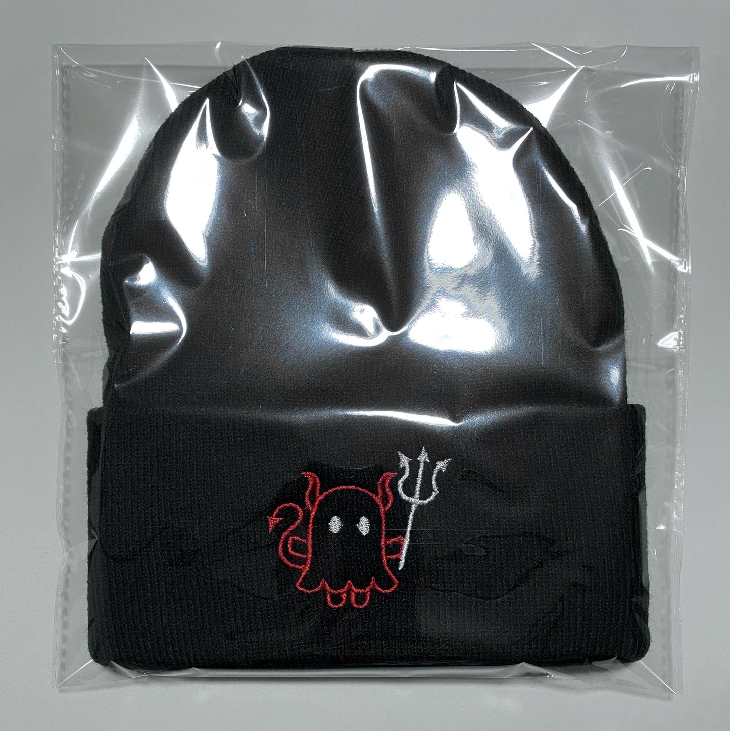 Embroidered Cute Ghost Devil w Pitchfork Beanie, Gift for Halloween, Spooky Casual Halloween Winter Wear, Simple Cute Winter Hat