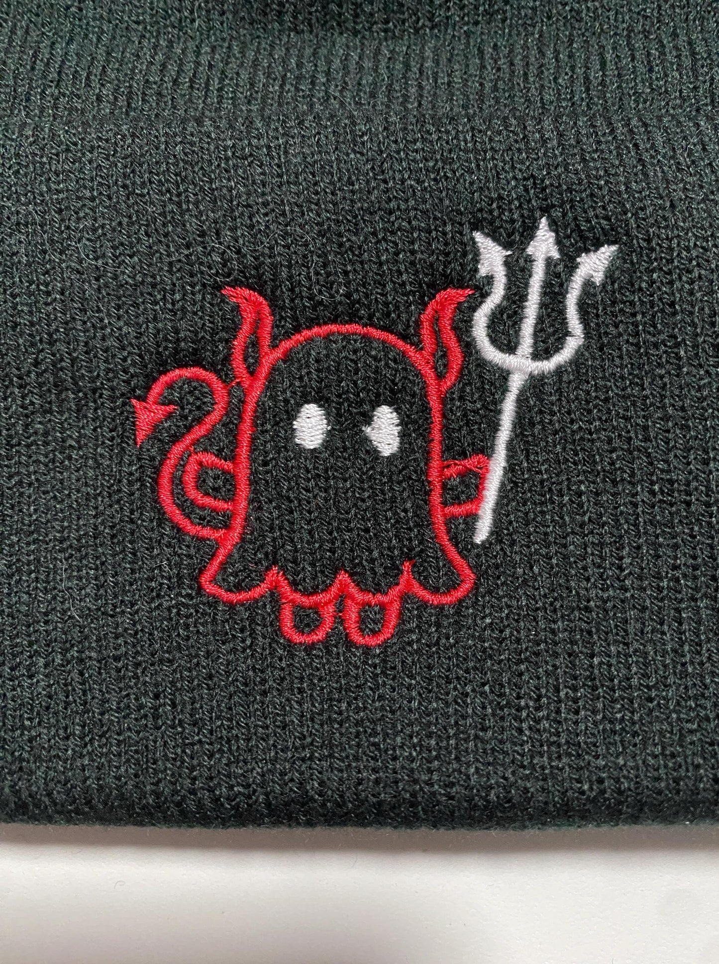 Embroidered Cute Ghost Devil w Pitchfork Beanie, Gift for Halloween, Spooky Casual Halloween Winter Wear, Simple Cute Winter Hat