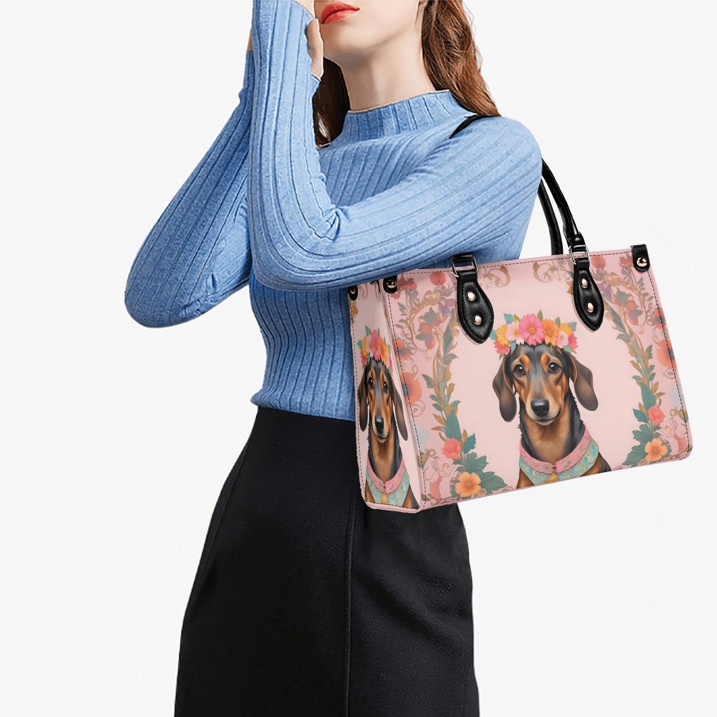 Dachshund Dog in Bohemian Flower Crown Bag Cute Crossbody Bag Unique Purse Cute Purse, Luxury Bag Vegan Leather Bags Printed Designer Bag
