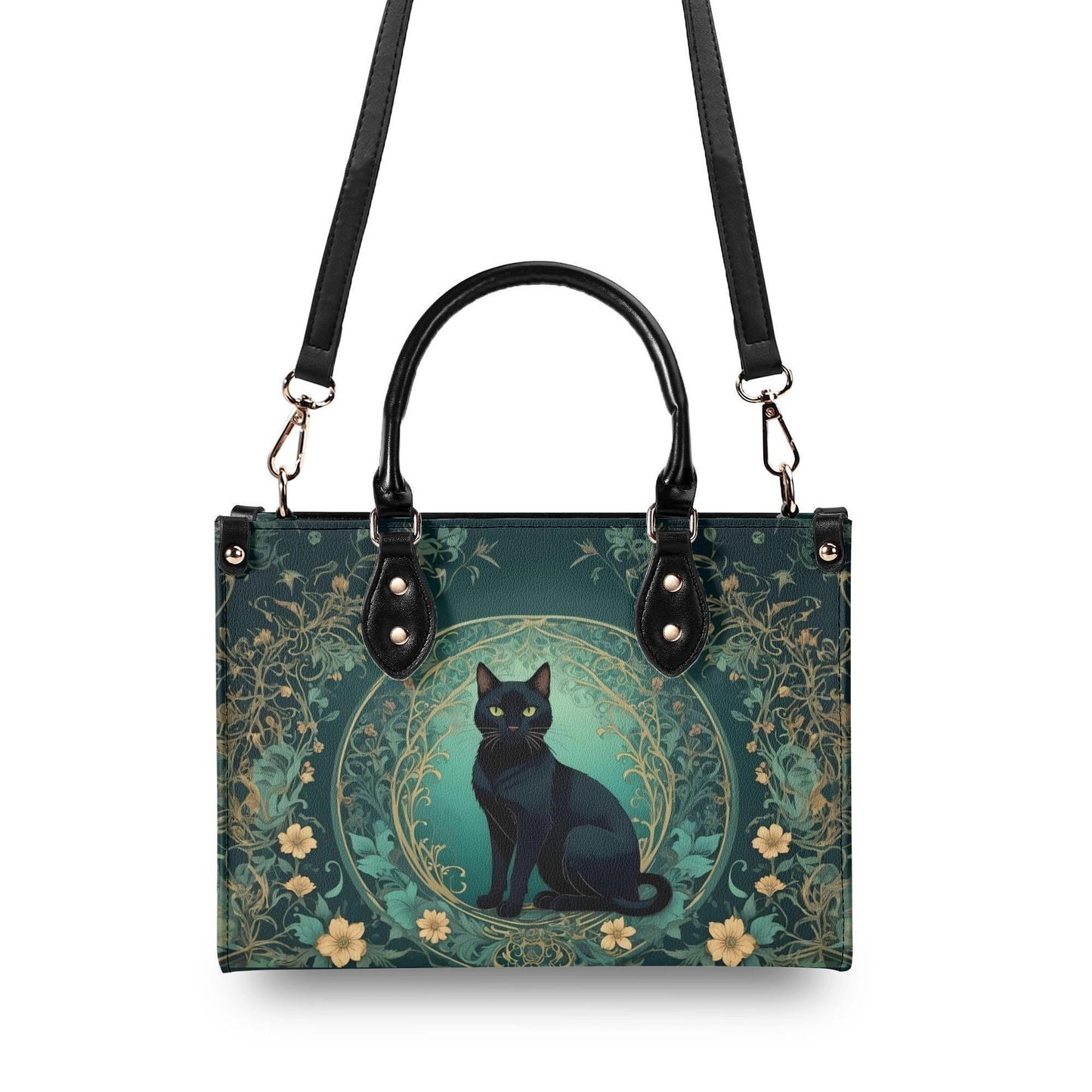 Mystical Cat Crossbody Bag in Teal and Gold - Art Nouveau Vegan Leather Purse, Unique Gift for Women