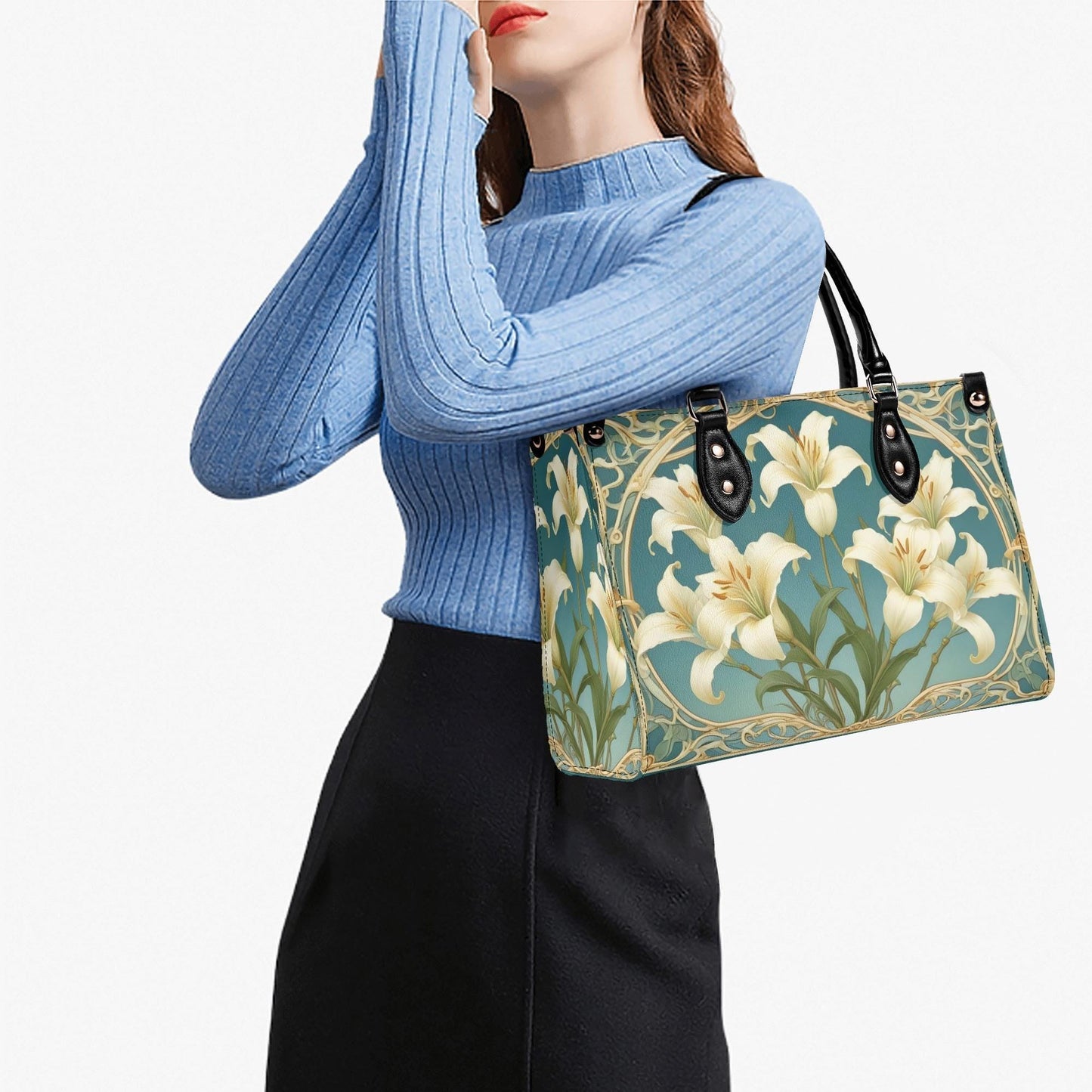 Ivory Lilies with Sky Blue Background Bag Cute Crossbody Bag Unique Purse Cute Purse, Luxury Bag Vegan Leather Bags Printed Designer Bag