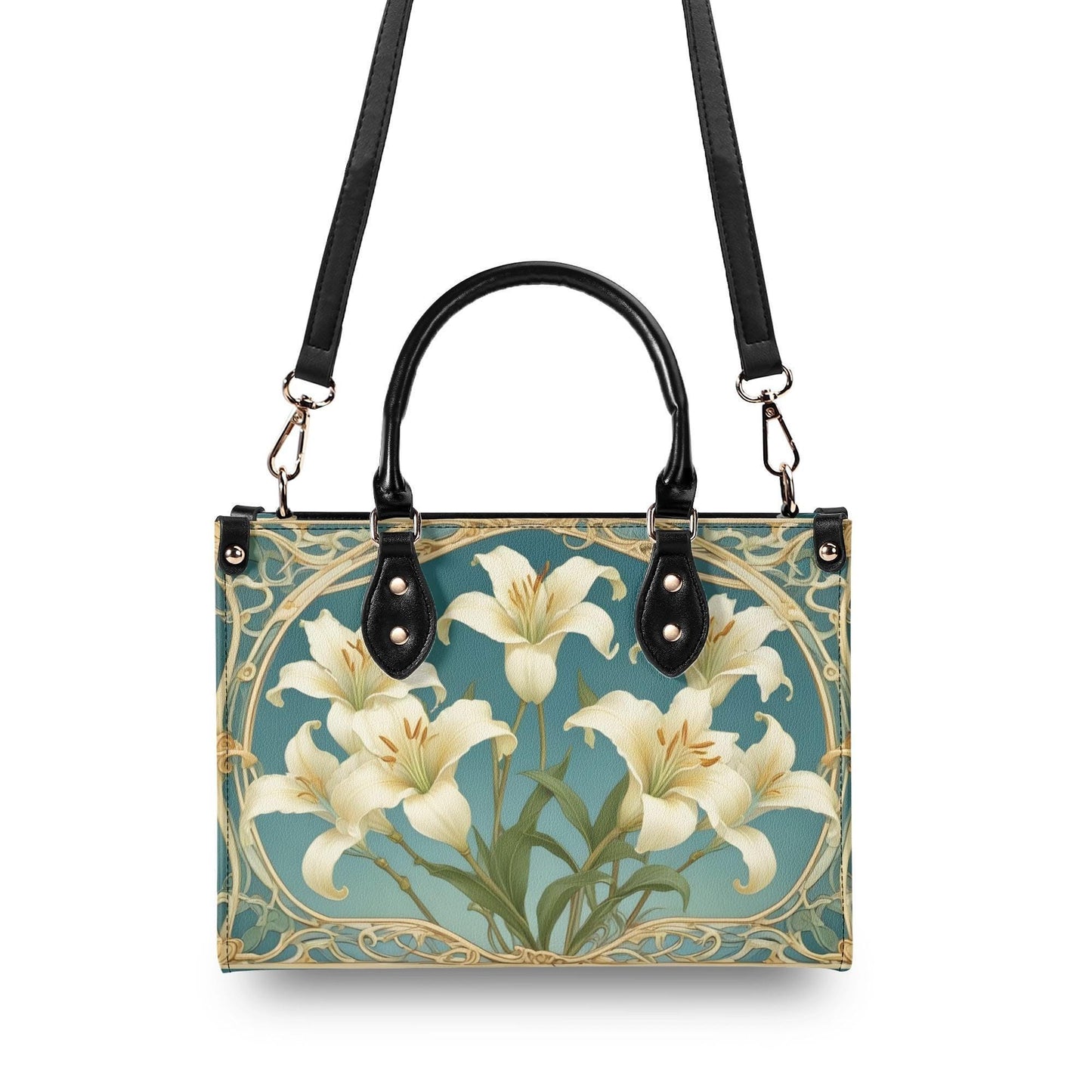 Ivory Lilies with Sky Blue Background Bag Cute Crossbody Bag Unique Purse Cute Purse, Luxury Bag Vegan Leather Bags Printed Designer Bag
