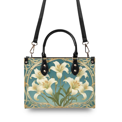 Ivory Lilies with Sky Blue Background Bag Cute Crossbody Bag Unique Purse Cute Purse, Luxury Bag Vegan Leather Bags Printed Designer Bag