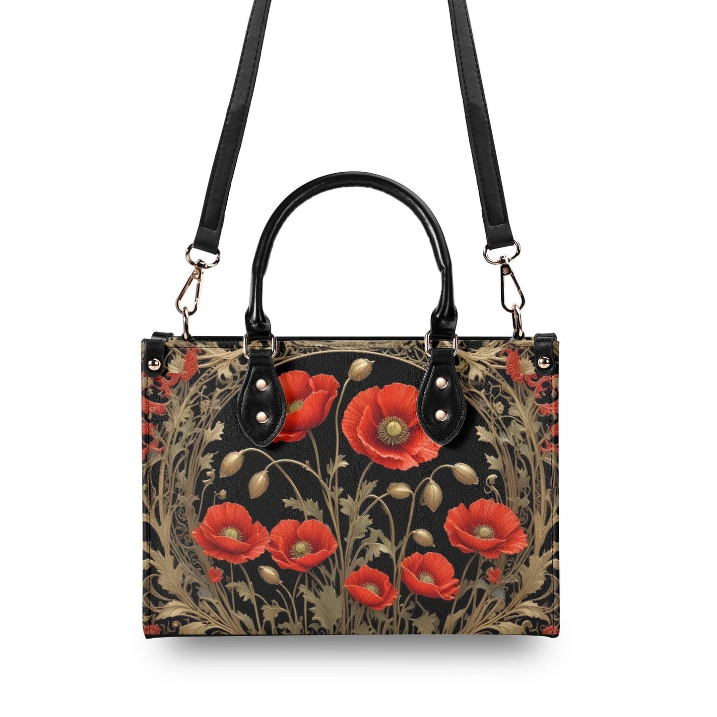 Golden Poppies Crossbody Bag - Floral Vegan Leather Designer Purse, Unique Gift for Women