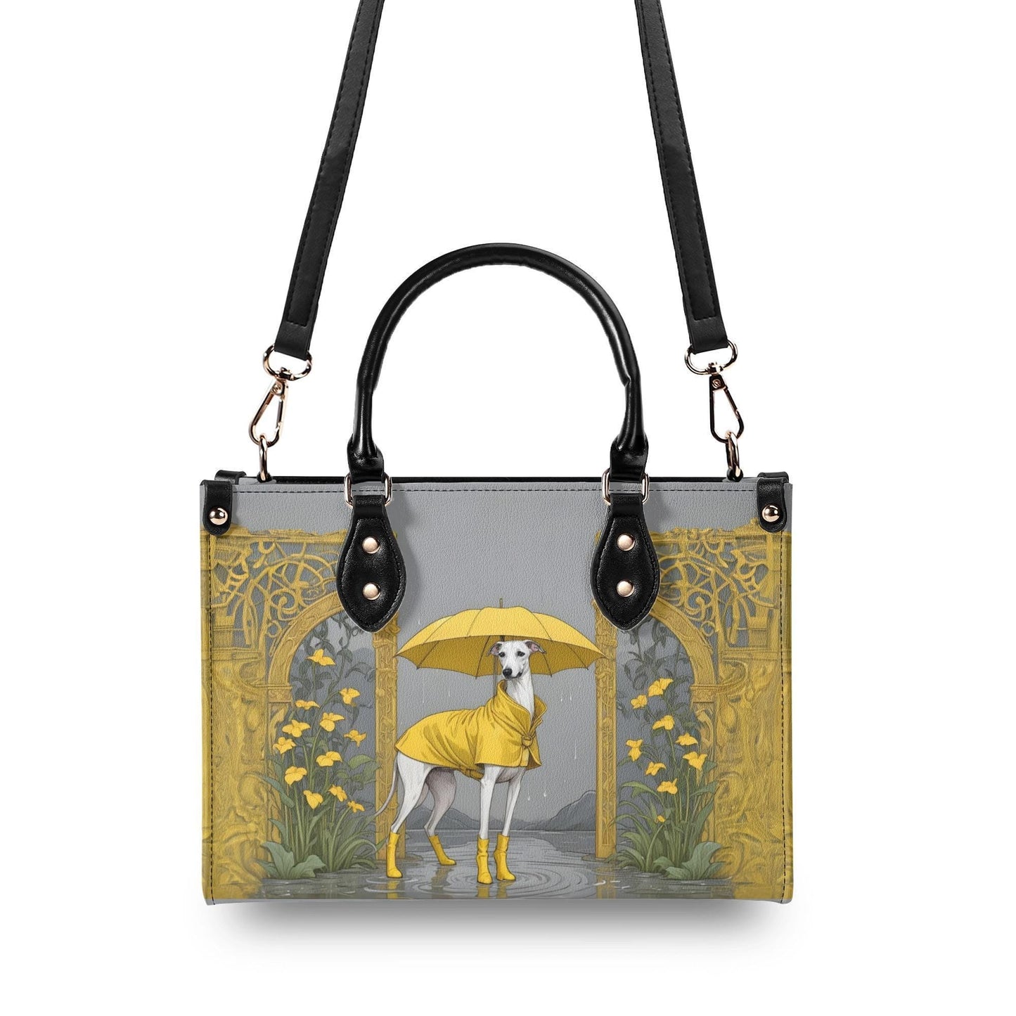 Whippet Crossbody Bag in Yellow Raincoat - Fun Vegan Leather Purse, Unique Dog Lover Gift