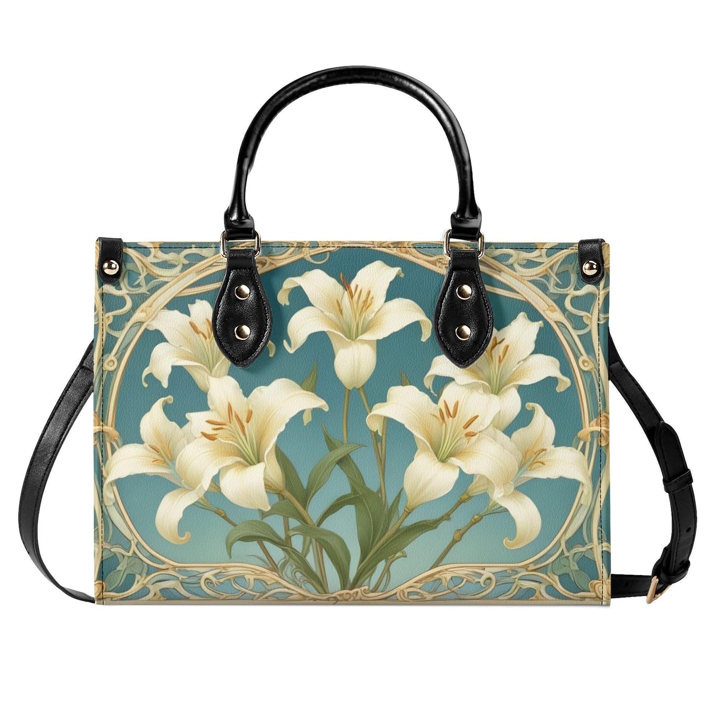 Ivory Lilies with Sky Blue Background Bag Cute Crossbody Bag Unique Purse Cute Purse, Luxury Bag Vegan Leather Bags Printed Designer Bag