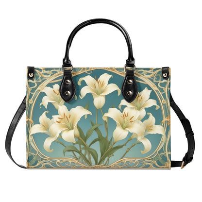 Ivory Lilies with Sky Blue Background Bag Cute Crossbody Bag Unique Purse Cute Purse, Luxury Bag Vegan Leather Bags Printed Designer Bag