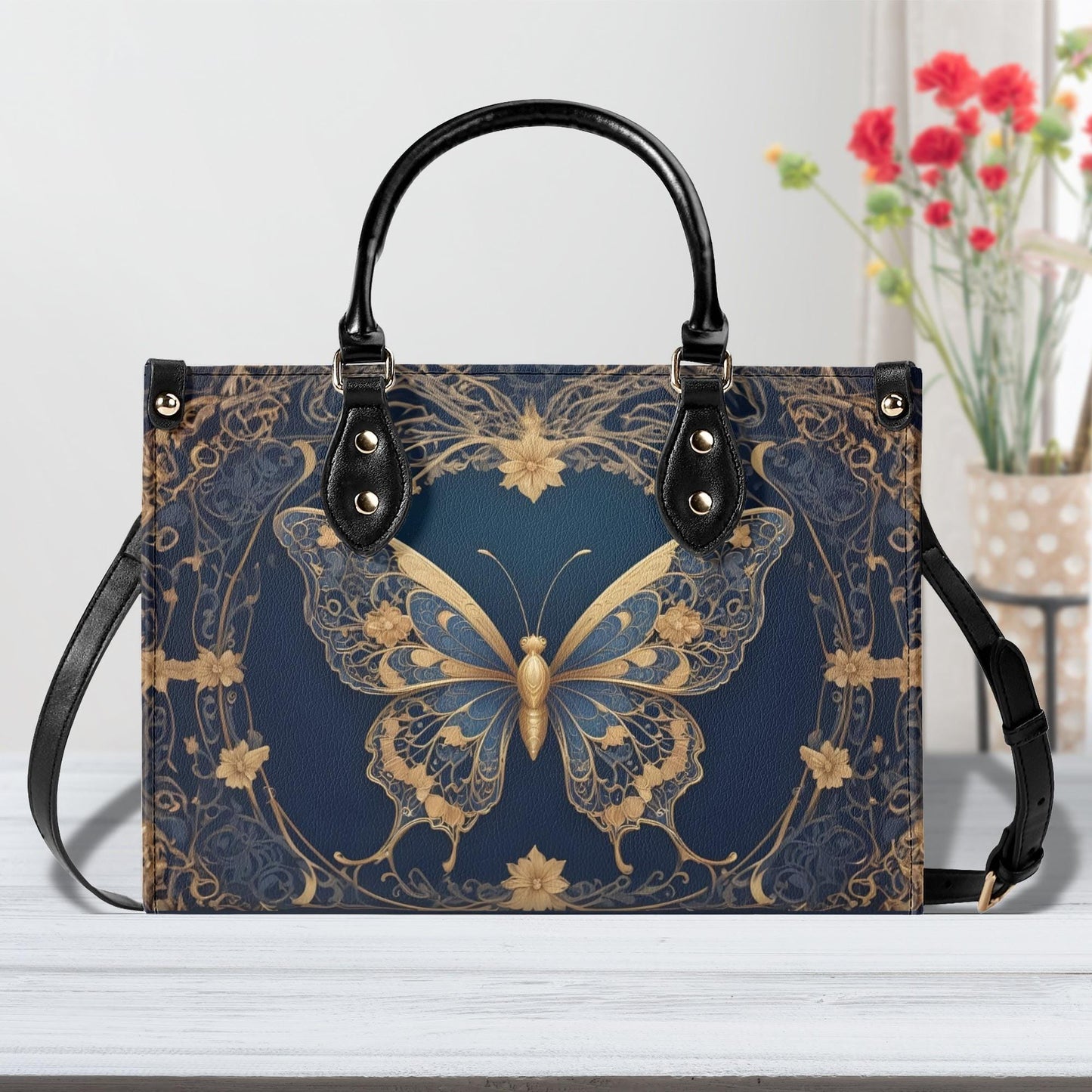 Golden Art Nouveau Butterfly Crossbody Bag - Nature-Inspired Vegan Leather Designer Purse, Unique Gift for Women