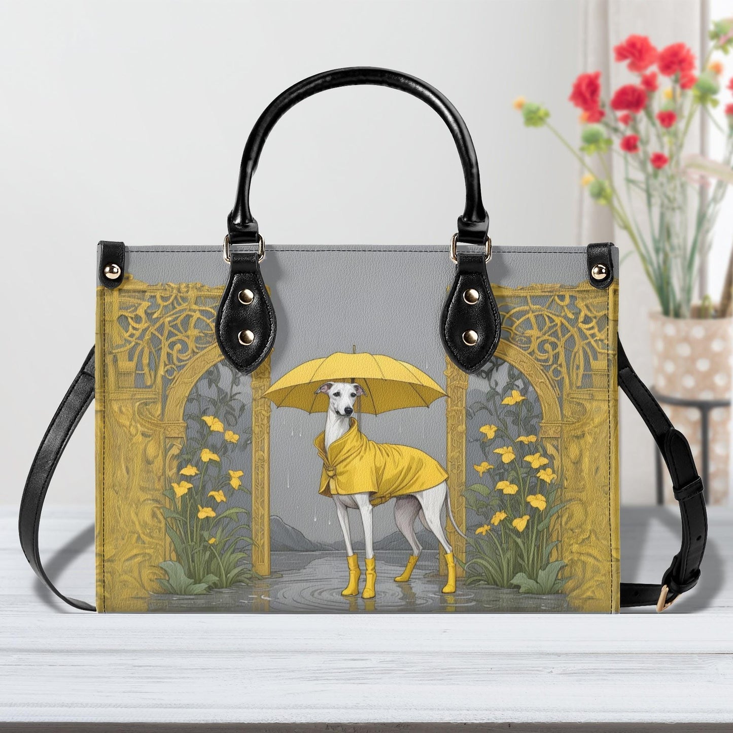 Whippet Crossbody Bag in Yellow Raincoat - Fun Vegan Leather Purse, Unique Dog Lover Gift