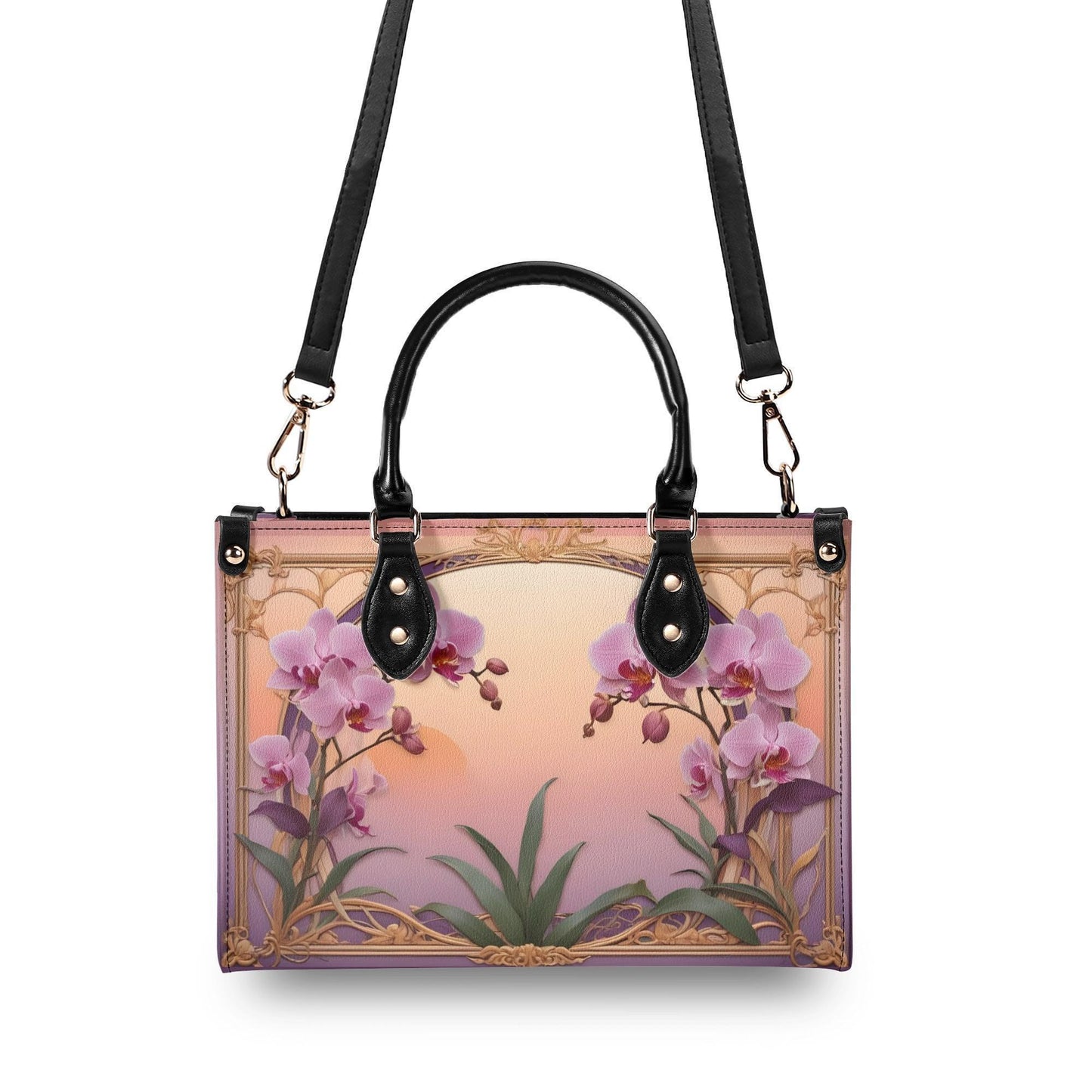 Orchids in Sunset Hues Crossbody Bag - Nature-Inspired Vegan Leather Purse, Unique Gift for Women
