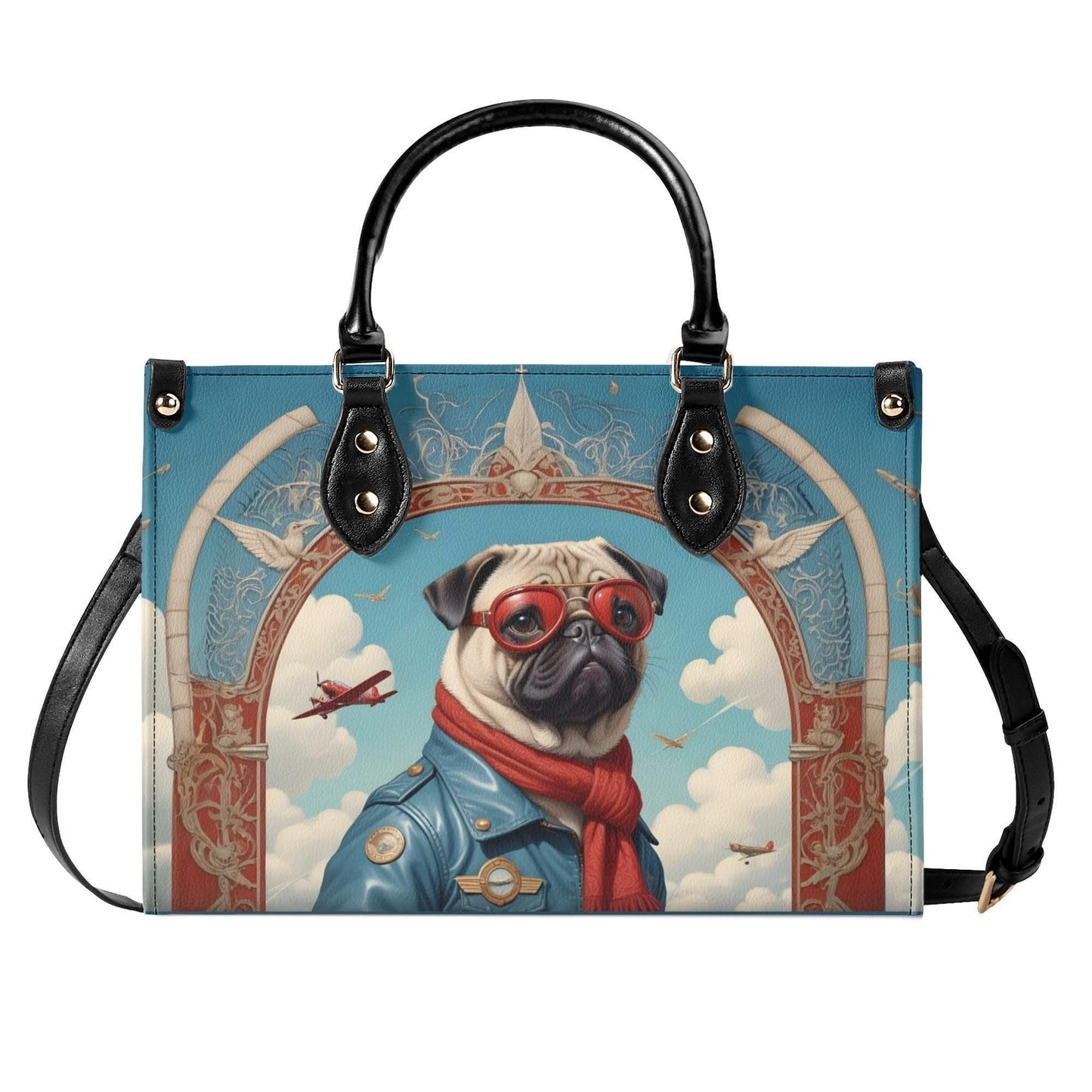 Pug Dog in Aviator Outfit Bag Cute Crossbody Bag Unique Purse Cute Purse, Luxury Bag Vegan Leather Bags Printed Designer Bag