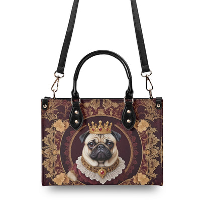 Royal Pug Crossbody Bag with Crown and Ruffled Collar - Art Nouveau Dog Portrait Vegan Leather Purse