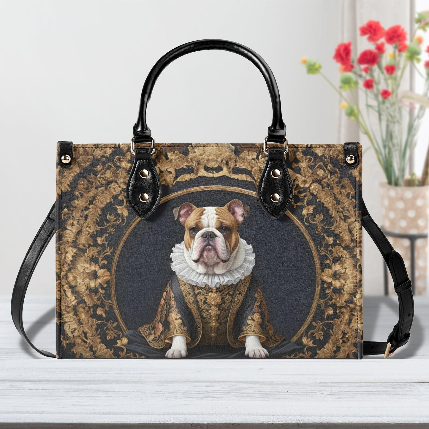 Elizabethan Bulldog Crossbody Bag - Royal Dog Portrait Vegan Leather Purse, Unique Gift for Women