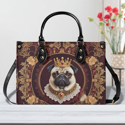Royal Pug Crossbody Bag with Crown and Ruffled Collar - Art Nouveau Dog Portrait Vegan Leather Purse