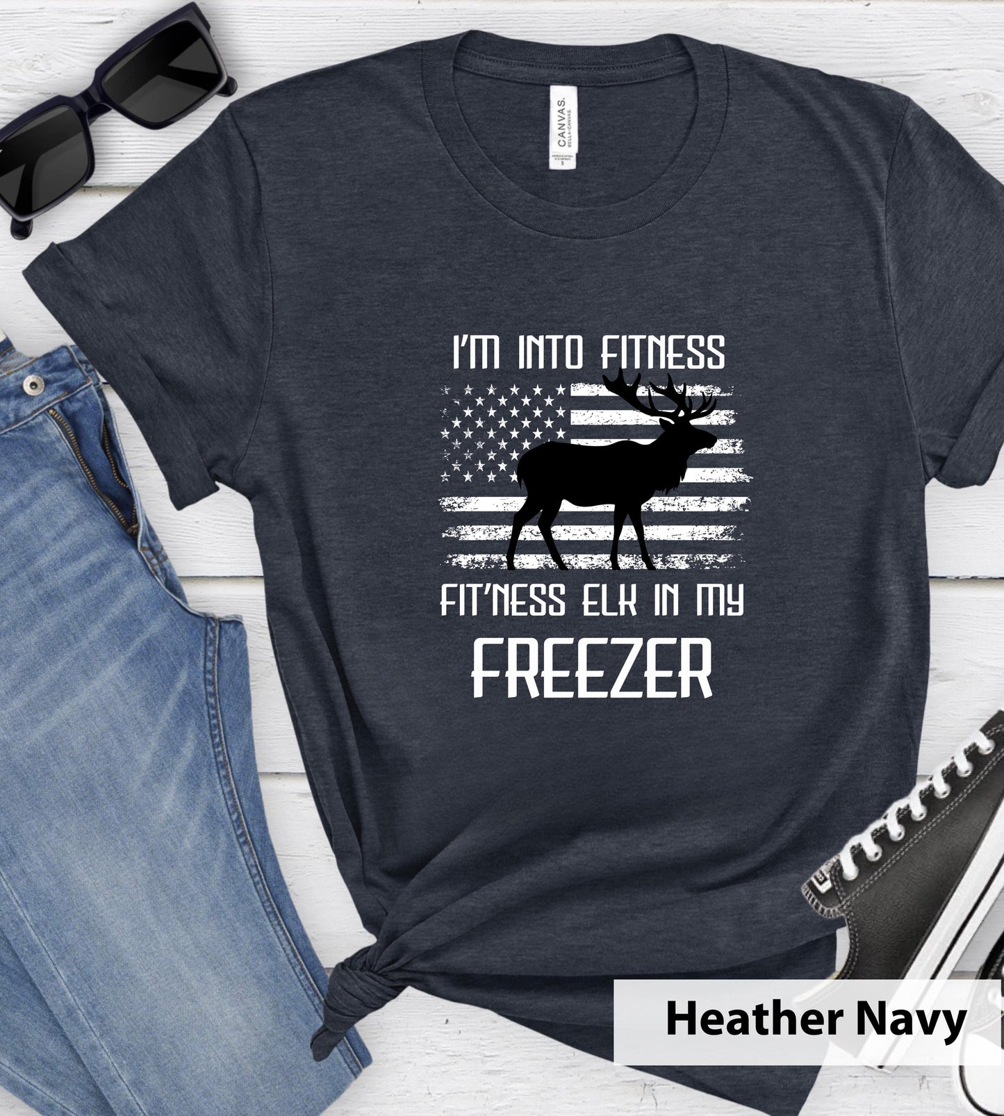 Funny Elk Hunting Dad Tee - American Flag Outdoorsman Gift | Hunting Gift for Hunter Husband | Elk in my Freezer | Hunting Shirt for Man