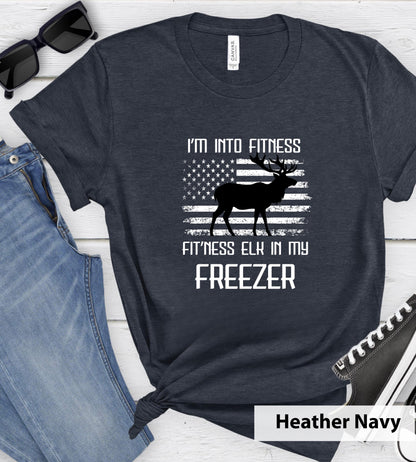 Funny Elk Hunting Dad Tee - American Flag Outdoorsman Gift | Hunting Gift for Hunter Husband | Elk in my Freezer | Hunting Shirt for Man