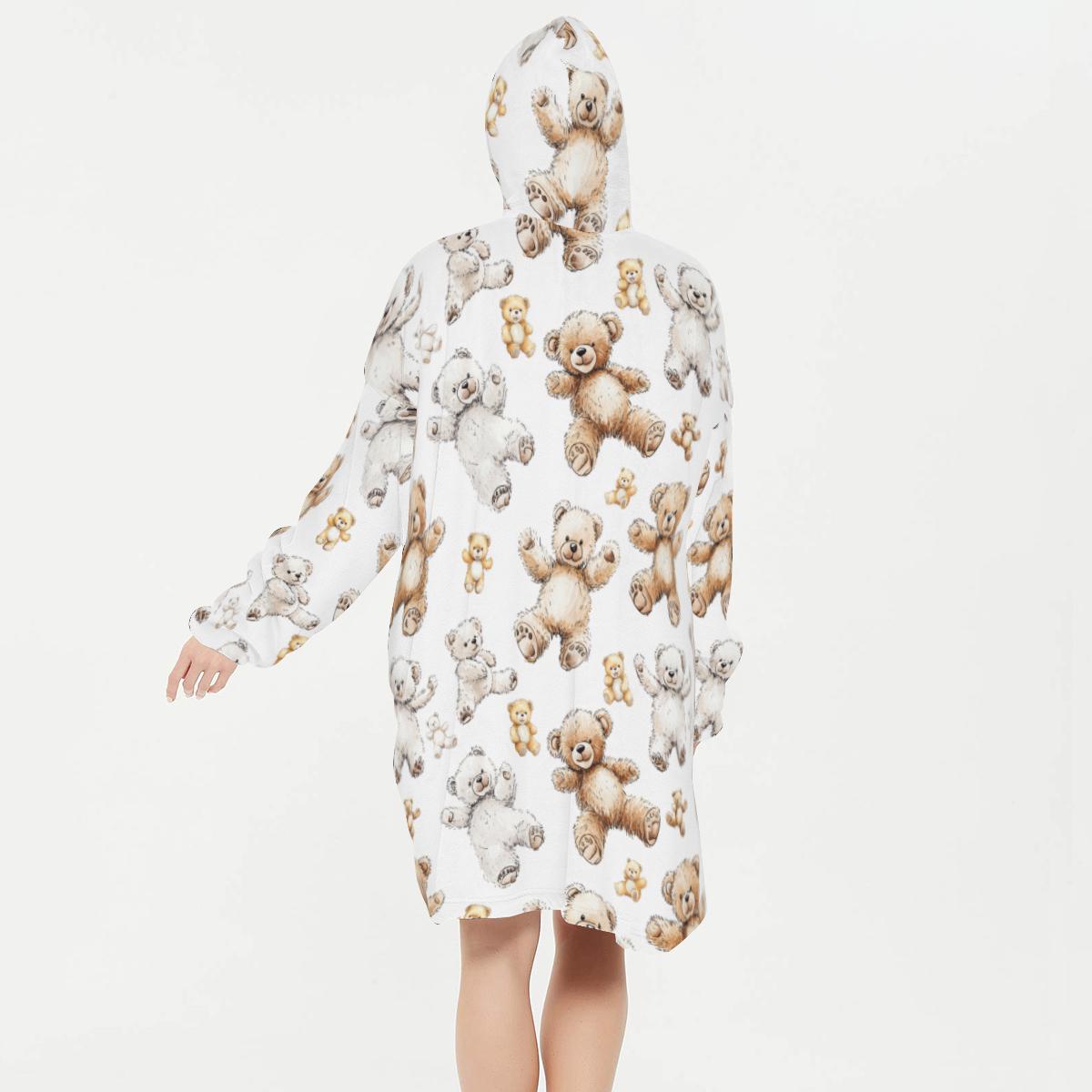 Teddy Bear Flannel Sleeper Blanket Hoodie - Soft, Warm & Cozy Throw for Snuggling