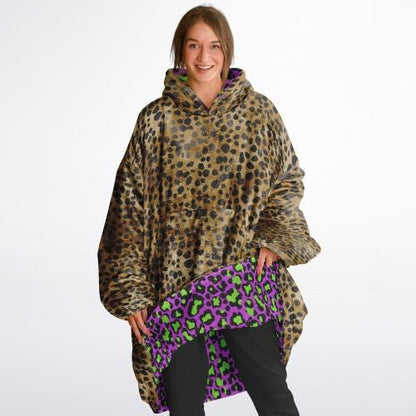Neon Purple Leopard Print Unisex Reversible Snug Hoodie, Psychedelic Vivid Colors Pullover Hooded Blanket with Sleeves,All Over Print Hoodie