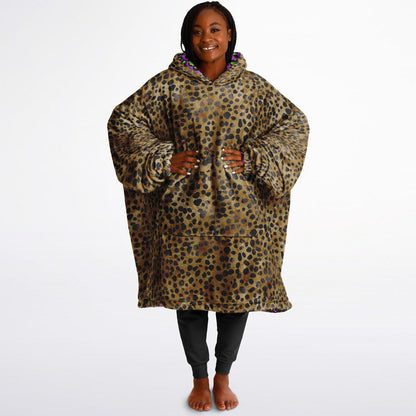 Neon Purple Leopard Print Unisex Reversible Snug Hoodie, Psychedelic Vivid Colors Pullover Hooded Blanket with Sleeves,All Over Print Hoodie