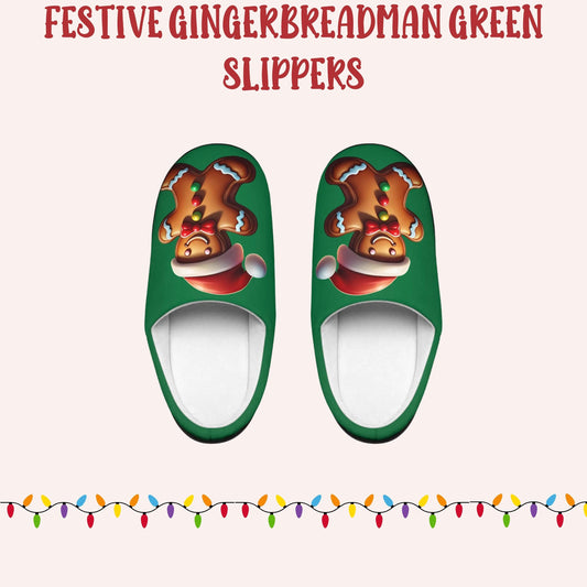 Christmas GingerbreadMan Green Women's Indoor Slippers FestiveHoliday Red SantaHat Design Comfy HouseShoes Gift-Christmas-giftful CozyGift
