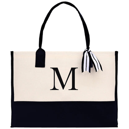 Personalized Monogram Embroidery Cotton Canvas Beach Tote Bag Initial Tote Bridesmaid Gift Tote Custom Beach Bag Gift for Her A-Z - Black