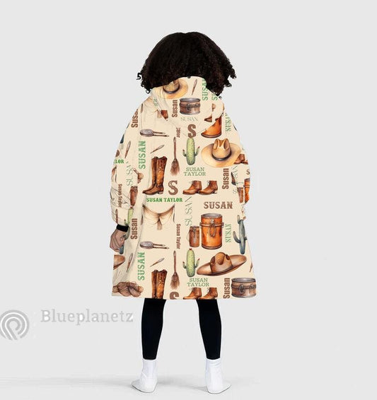 Custom Name Hoodies Blanket, Personalized Cowboy Cowgirl Christmas Wearable Hoodie Blanket, Christmas Oversized Blanket, Christmas Gift