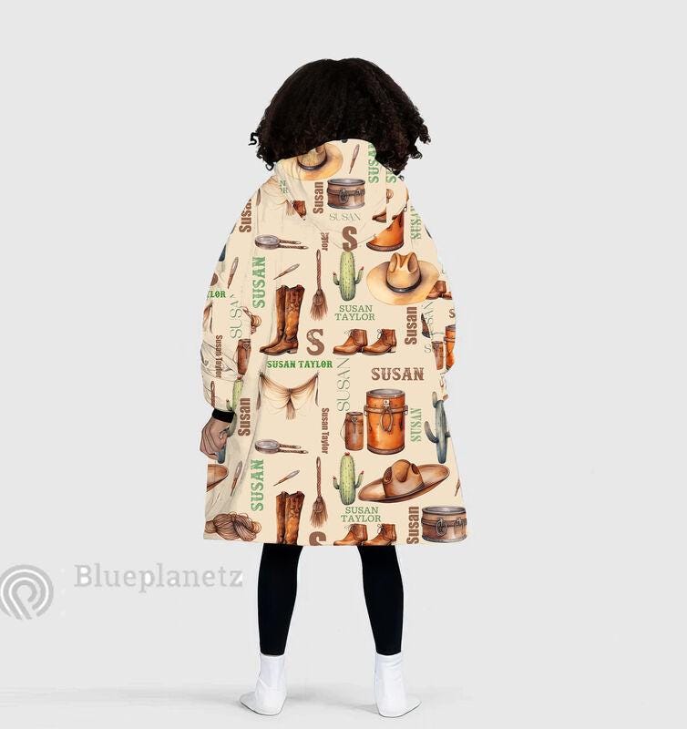 Custom Name Hoodies Blanket, Personalized Cowboy Cowgirl Christmas Wearable Hoodie Blanket, Christmas Oversized Blanket, Christmas Gift