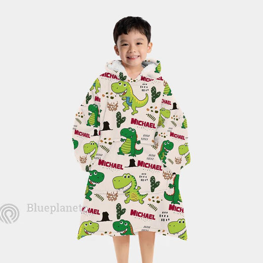 Custom Name Hoodies Blanket, Personalized Dino Wearable Hoodie Blanket, Christmas Oversized Blanket, Christmas Gift Kid Adult Blanket Hoodie